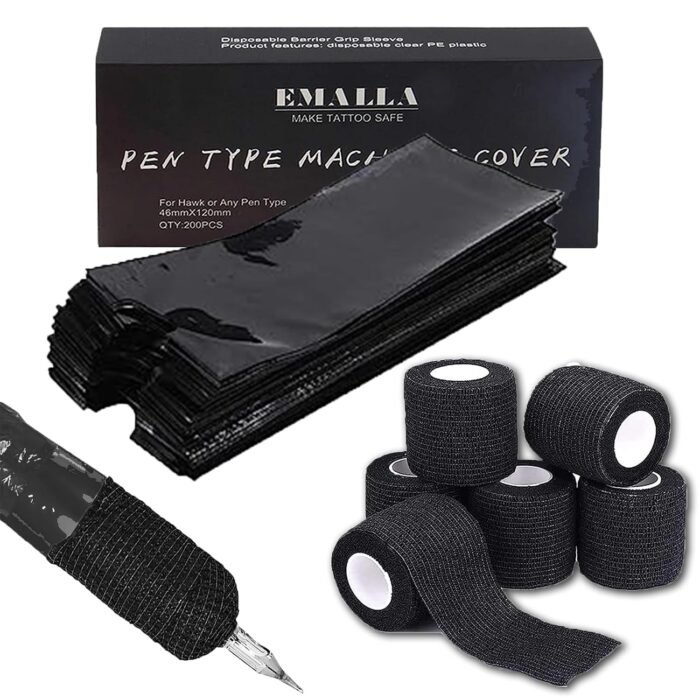 200PCS Pen Covers with 6PCS Grip Tape Tattoo Machien Covers Kit | Machine Wrap Cover Black Pen Bags Sleeves with Black Grip Wrap Self-Adherent Tape Plastic Cover Tattoo Supplies Visit the Sotica Store