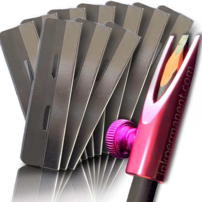 Ink Permanent Eyebrow Mapping Pencil Sharpener, Shaper, 10 Razors, Pink | Metal eyebrow pencil sharpener with 10 razors helps shape peel-off brow pencils for clean mapping, brow design and PMU prep.