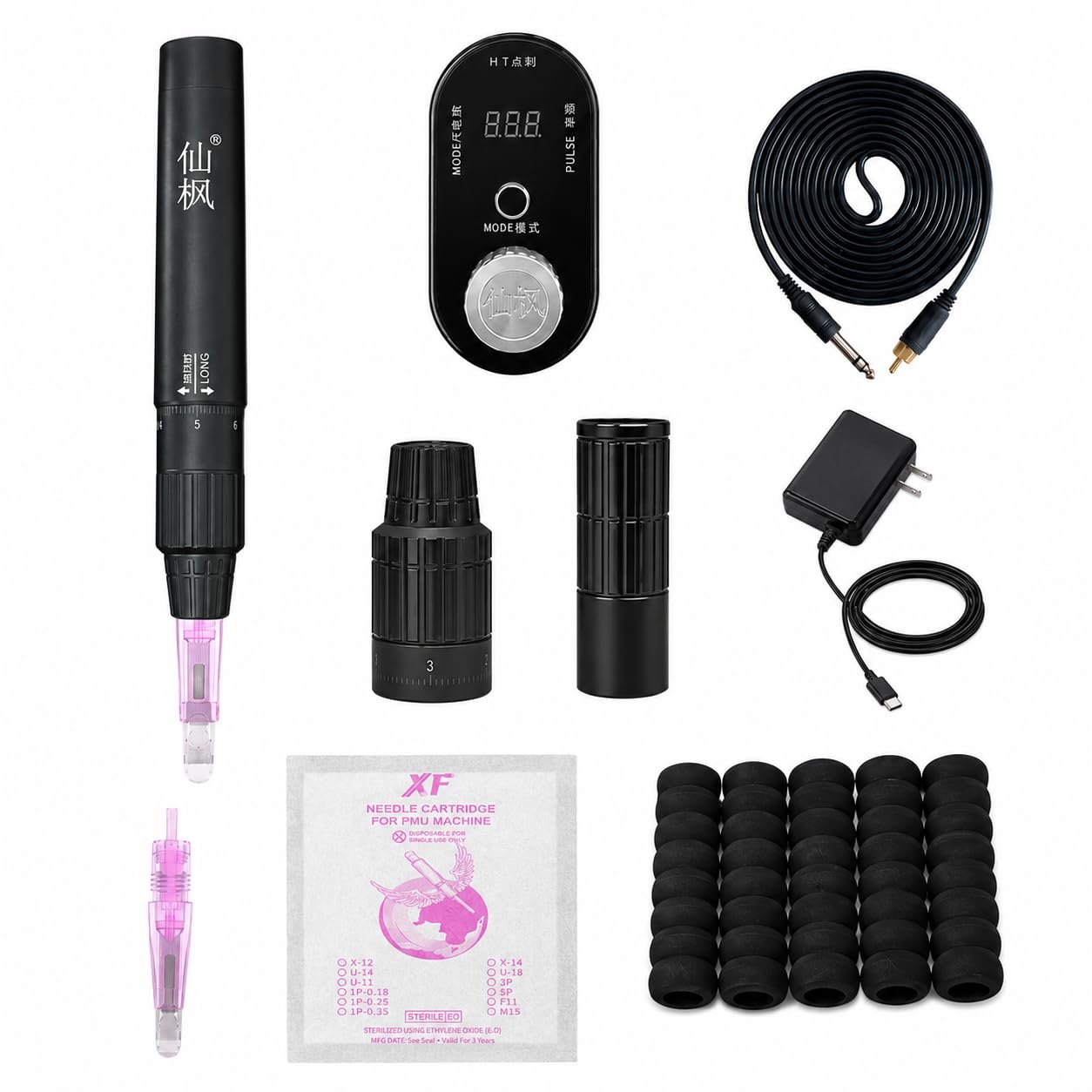 XF Model SY Microblading Machine Pen, Dual-Head PMU Tattoo Machine with Coreless Motor, U14 Microblading & Universal Cartridge Heads, Digital Power Supply Kit